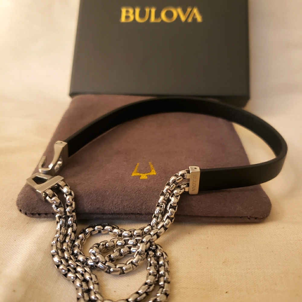 Bulova double chain and leather steel bracelet.